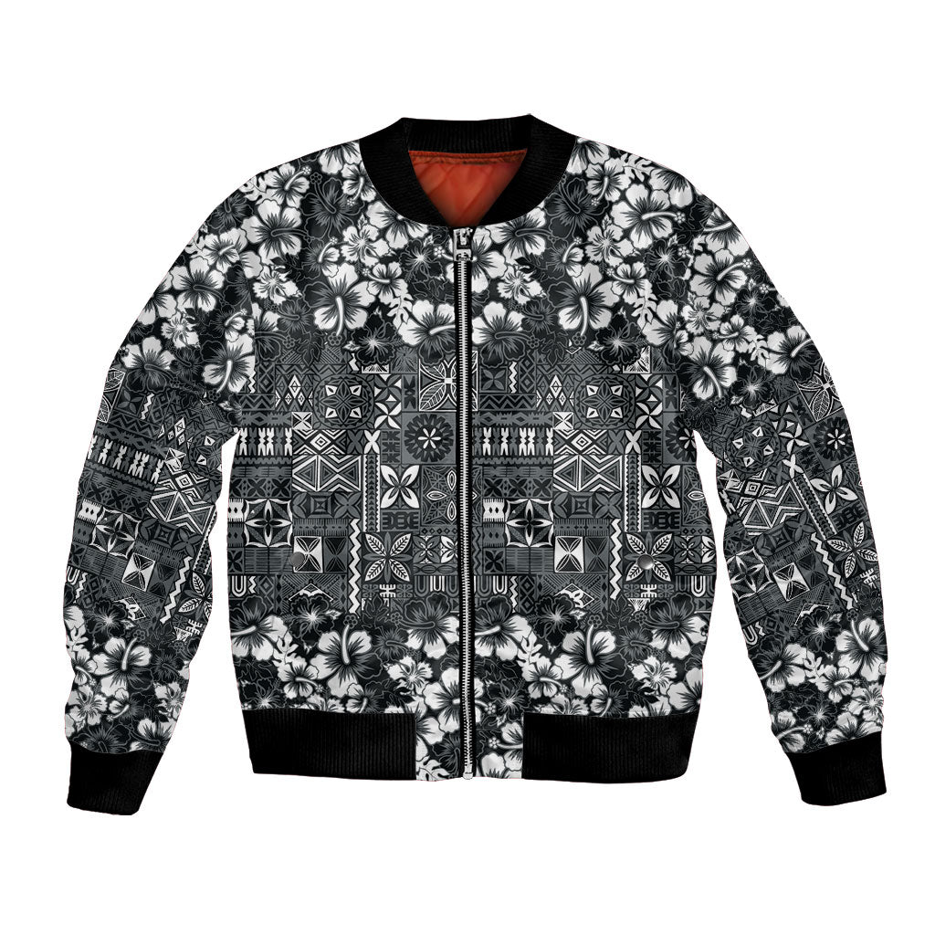 Black Hawaiian Tapa Tribal Hibiscus Bomber Jacket