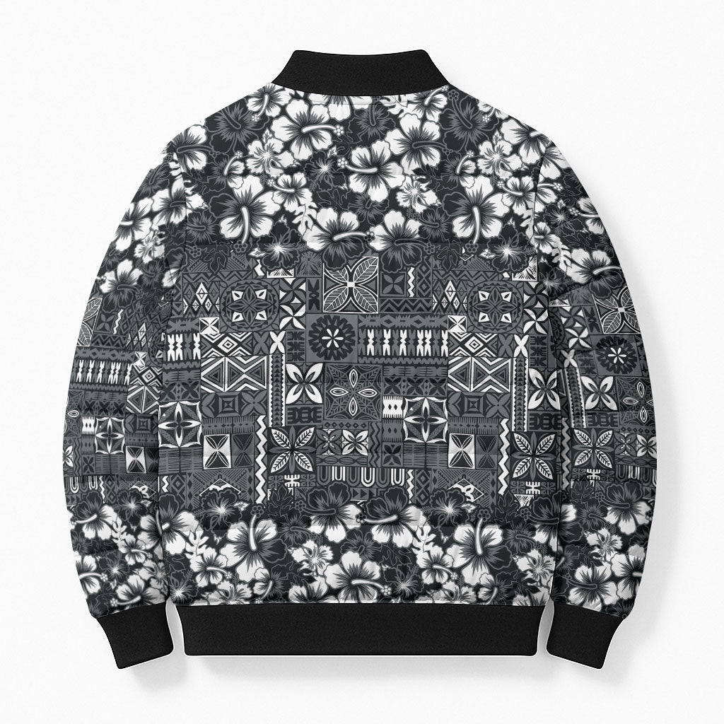 Black Hawaiian Tapa Tribal Hibiscus Bomber Puffer Jacket