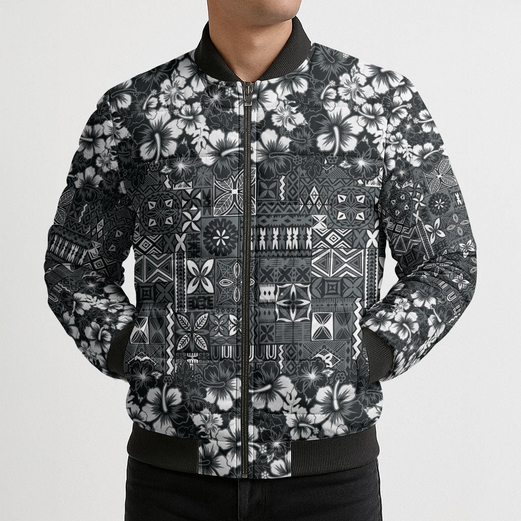 Black Hawaiian Tapa Tribal Hibiscus Bomber Puffer Jacket