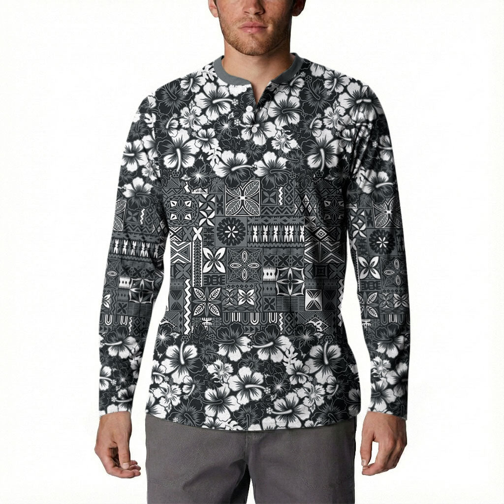 Black Hawaiian Tapa Tribal Hibiscus Button Sweatshirt LT9 - Polynesian Pride