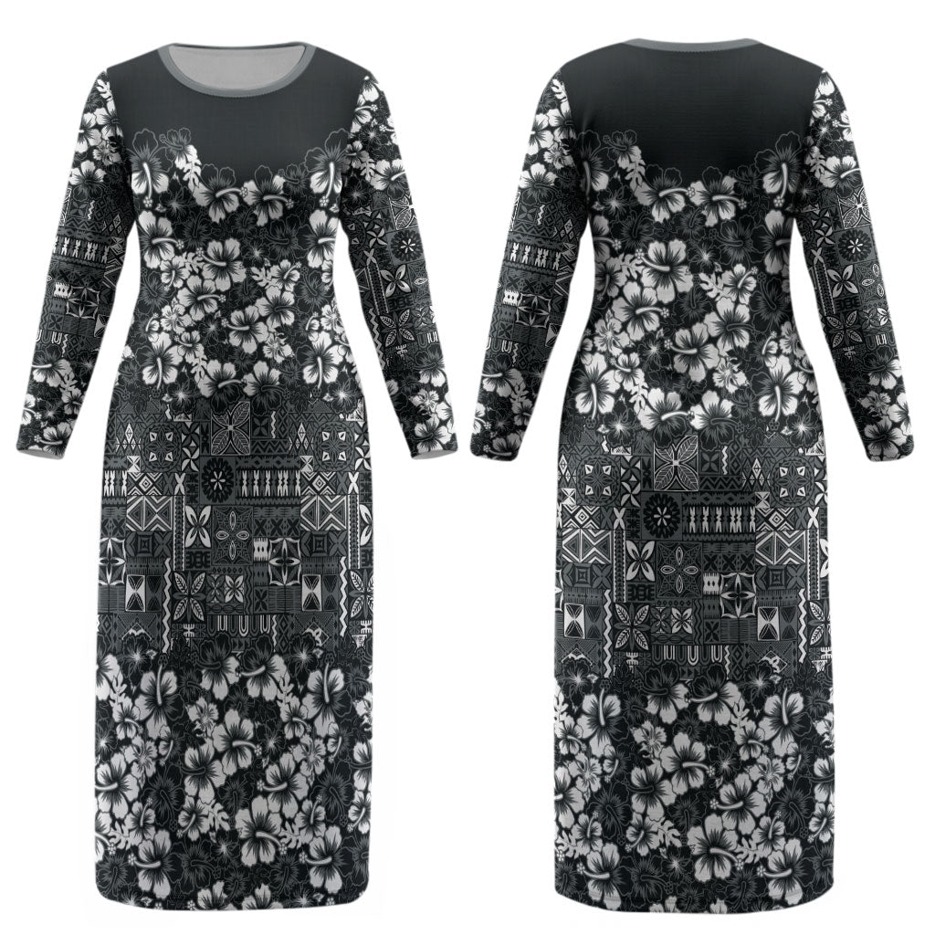 Black Hawaiian Tapa Tribal Hibiscus Couples Matching Long Sleeve Bodycon Dress and Hawaiian Shirt LT9 - Polynesian Pride