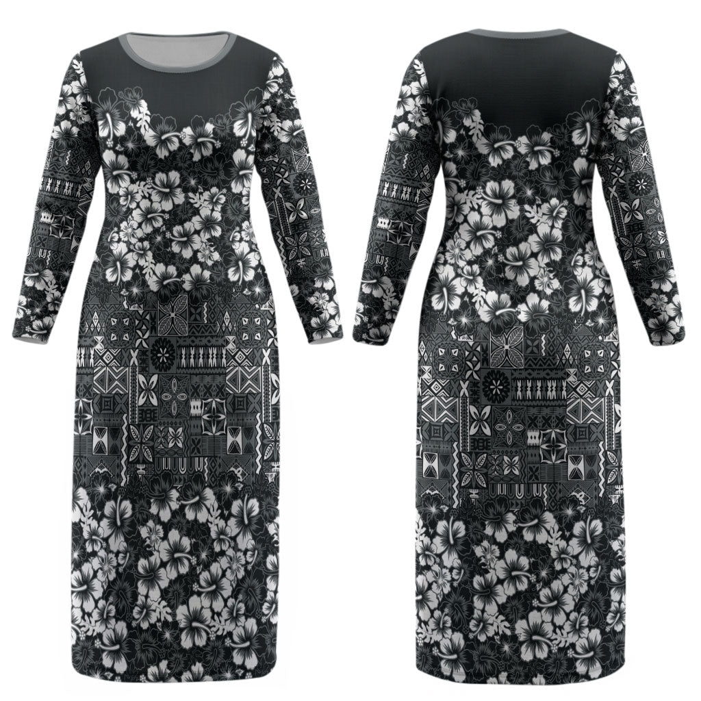Black Hawaiian Tapa Tribal Hibiscus Couples Matching Long Sleeve Bodycon Dress and Long Sleeve Button Shirt LT9 - Polynesian Pride