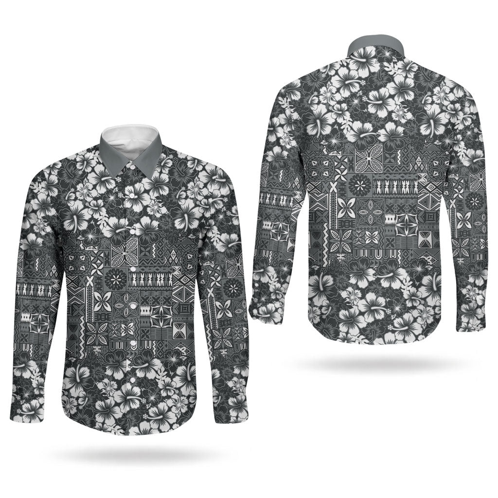 Black Hawaiian Tapa Tribal Hibiscus Couples Matching Mermaid Dress and Long Sleeve Button Shirt