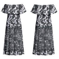 Black Hawaiian Tapa Tribal Hibiscus Couples Matching Off Shoulder Maxi Dress and Hawaiian Shirt