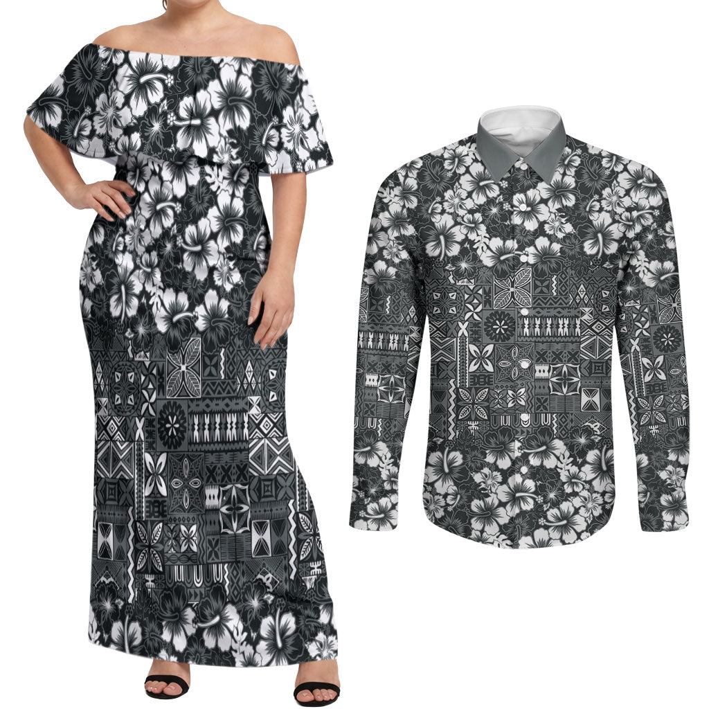 Black Hawaiian Tapa Tribal Hibiscus Couples Matching Off Shoulder Maxi Dress and Long Sleeve Button Shirt