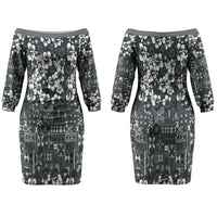 Black Hawaiian Tapa Tribal Hibiscus Couples Matching Off The Shoulder Long Sleeve Dress and Hawaiian Shirt