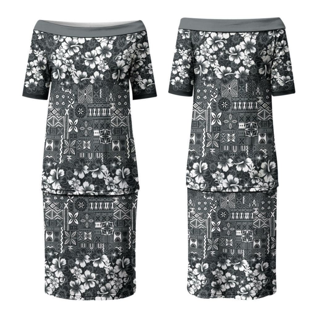 Black Hawaiian Tapa Tribal Hibiscus Couples Matching Puletasi and Long Sleeve Button Shirt