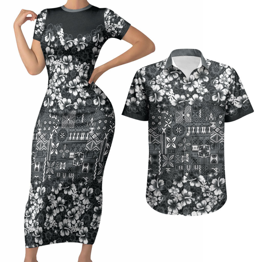 Black Hawaiian Tapa Tribal Hibiscus Couples Matching Short Sleeve Bodycon Dress and Hawaiian Shirt LT9 Black - Polynesian Pride