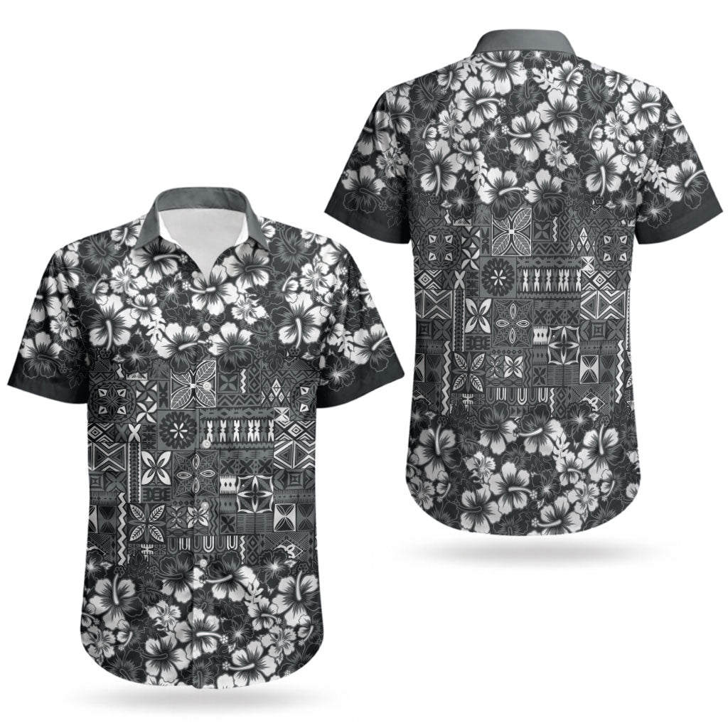 Black Hawaiian Tapa Tribal Hibiscus Couples Matching Short Sleeve Bodycon Dress and Hawaiian Shirt LT9 - Polynesian Pride