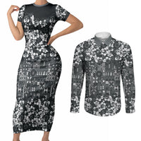 Black Hawaiian Tapa Tribal Hibiscus Couples Matching Short Sleeve Bodycon Dress and Long Sleeve Button Shirt LT9 Black - Polynesian Pride