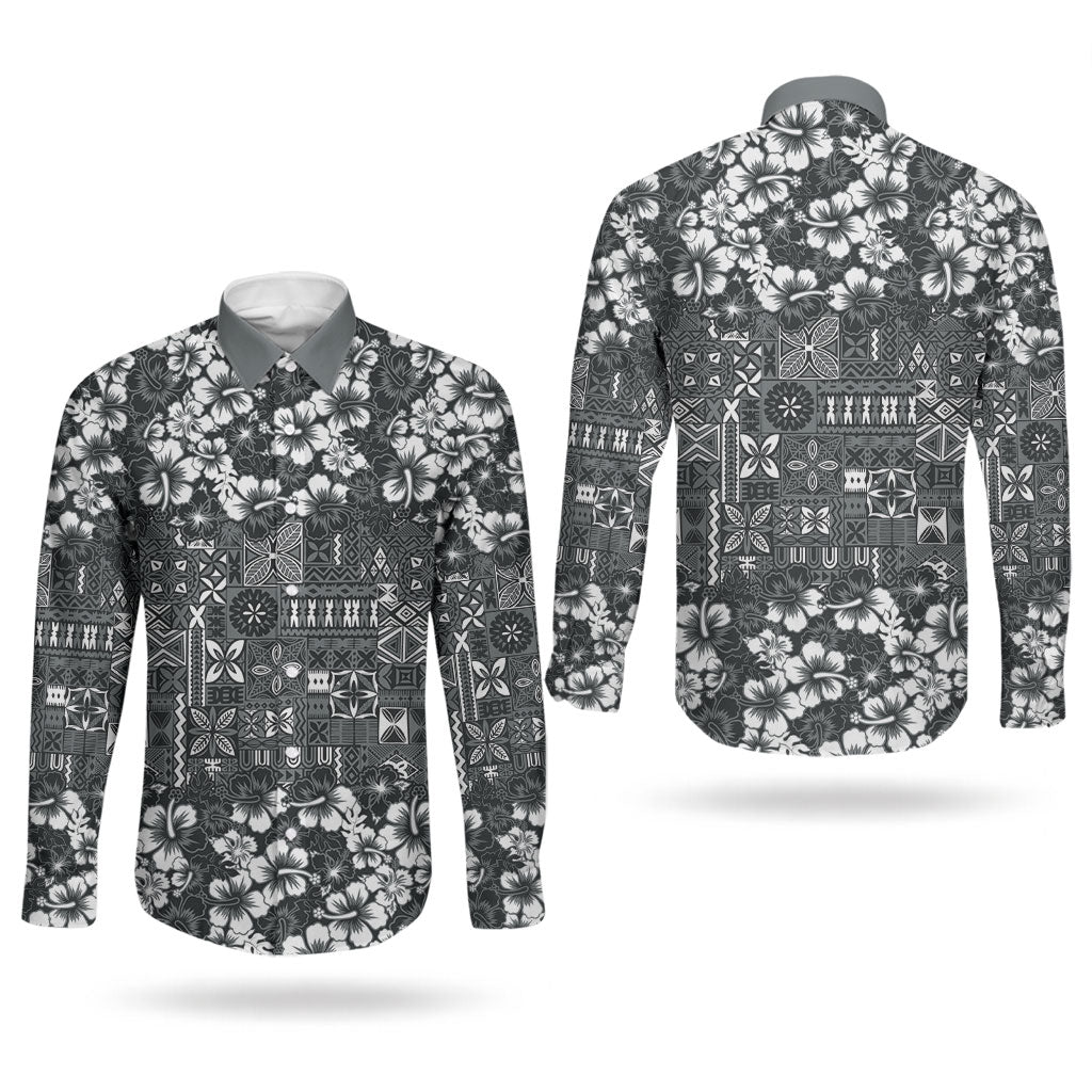 Black Hawaiian Tapa Tribal Hibiscus Couples Matching Short Sleeve Bodycon Dress and Long Sleeve Button Shirt LT9 - Polynesian Pride