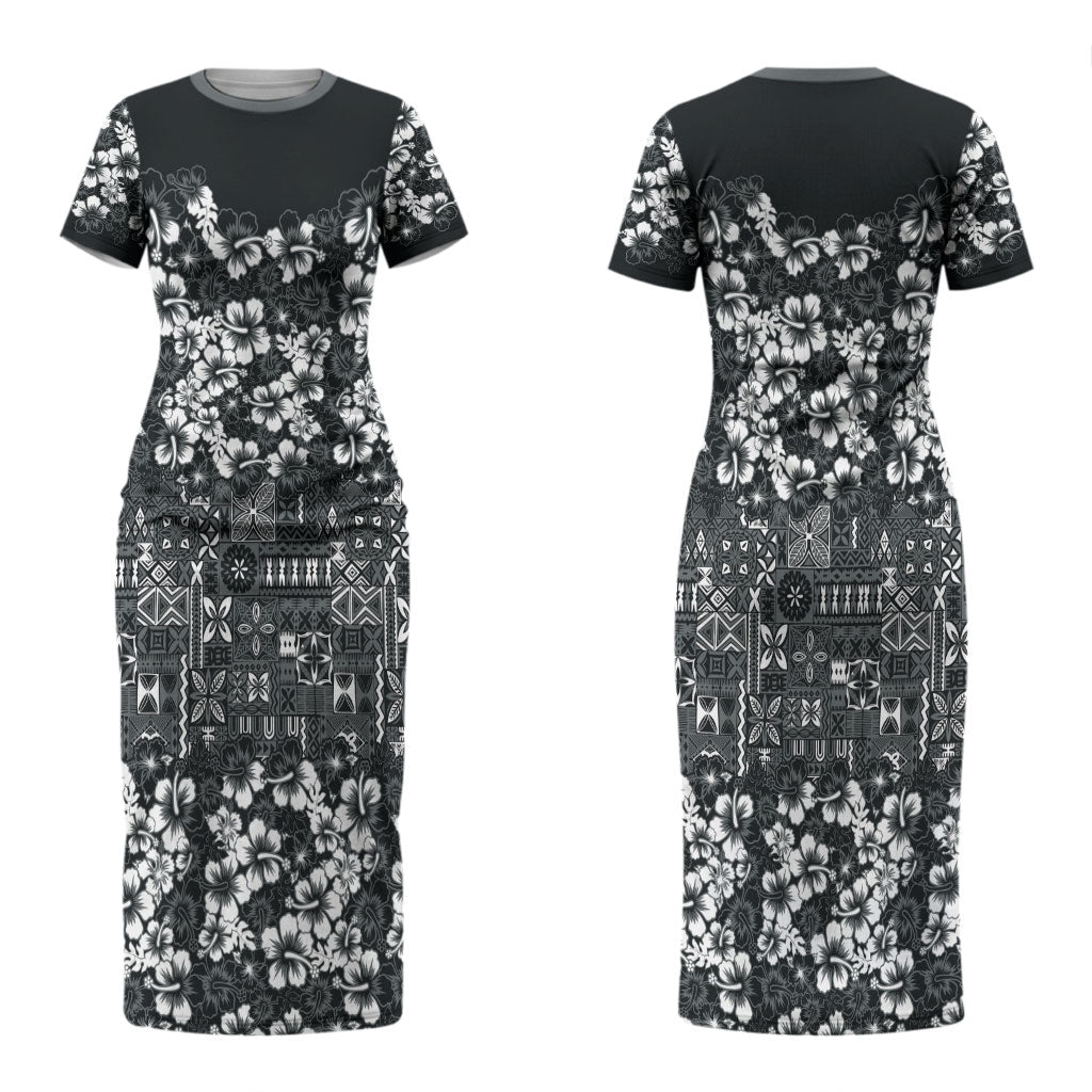 Black Hawaiian Tapa Tribal Hibiscus Couples Matching Short Sleeve Bodycon Dress and Long Sleeve Button Shirt LT9 - Polynesian Pride