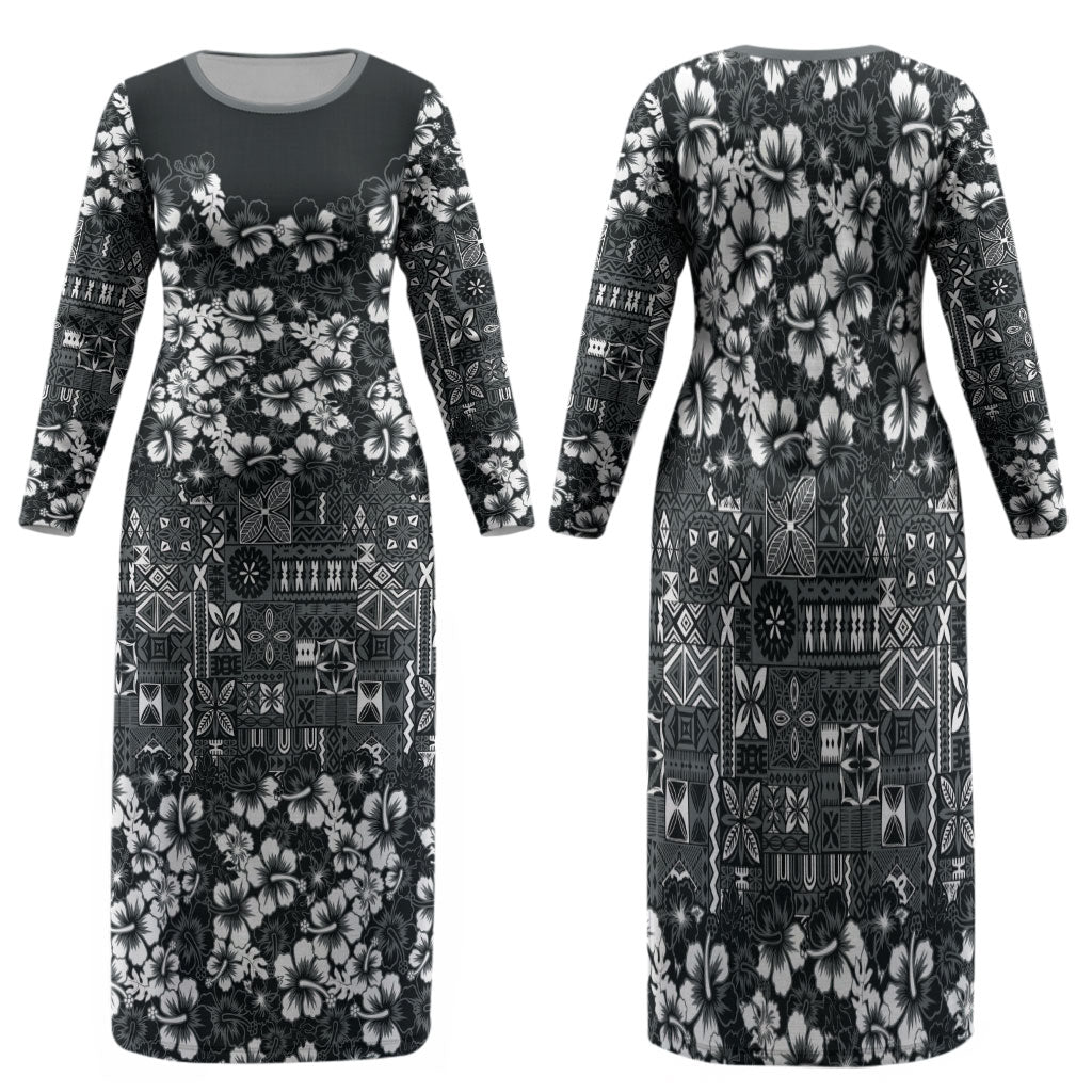 Black Hawaiian Tapa Tribal Hibiscus Family Matching Long Sleeve Bodycon Dress and Hawaiian Shirt