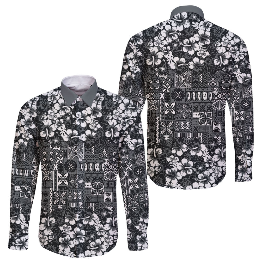 Black Hawaiian Tapa Tribal Hibiscus Family Matching Off The Shoulder Long Sleeve Dress and Hawaiian Shirt