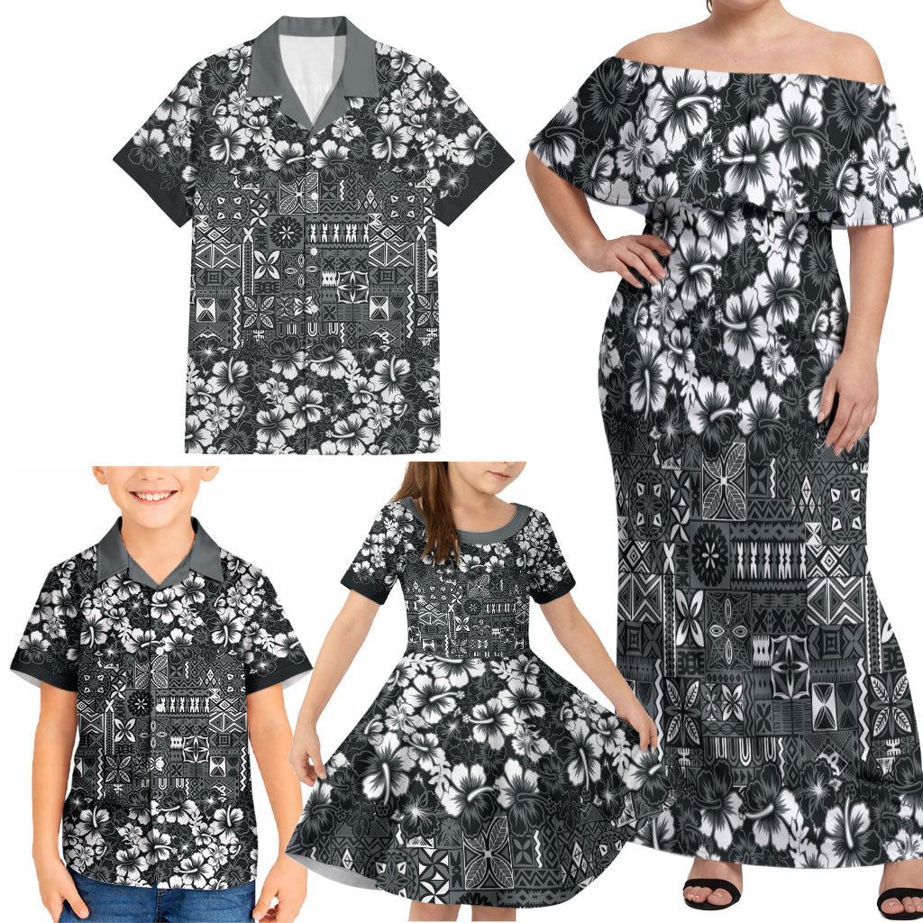 Black Hawaiian Tapa Tribal Hibiscus Family Matching Off Shoulder Maxi Dress and Hawaiian Shirt LT9 - Polynesian Pride