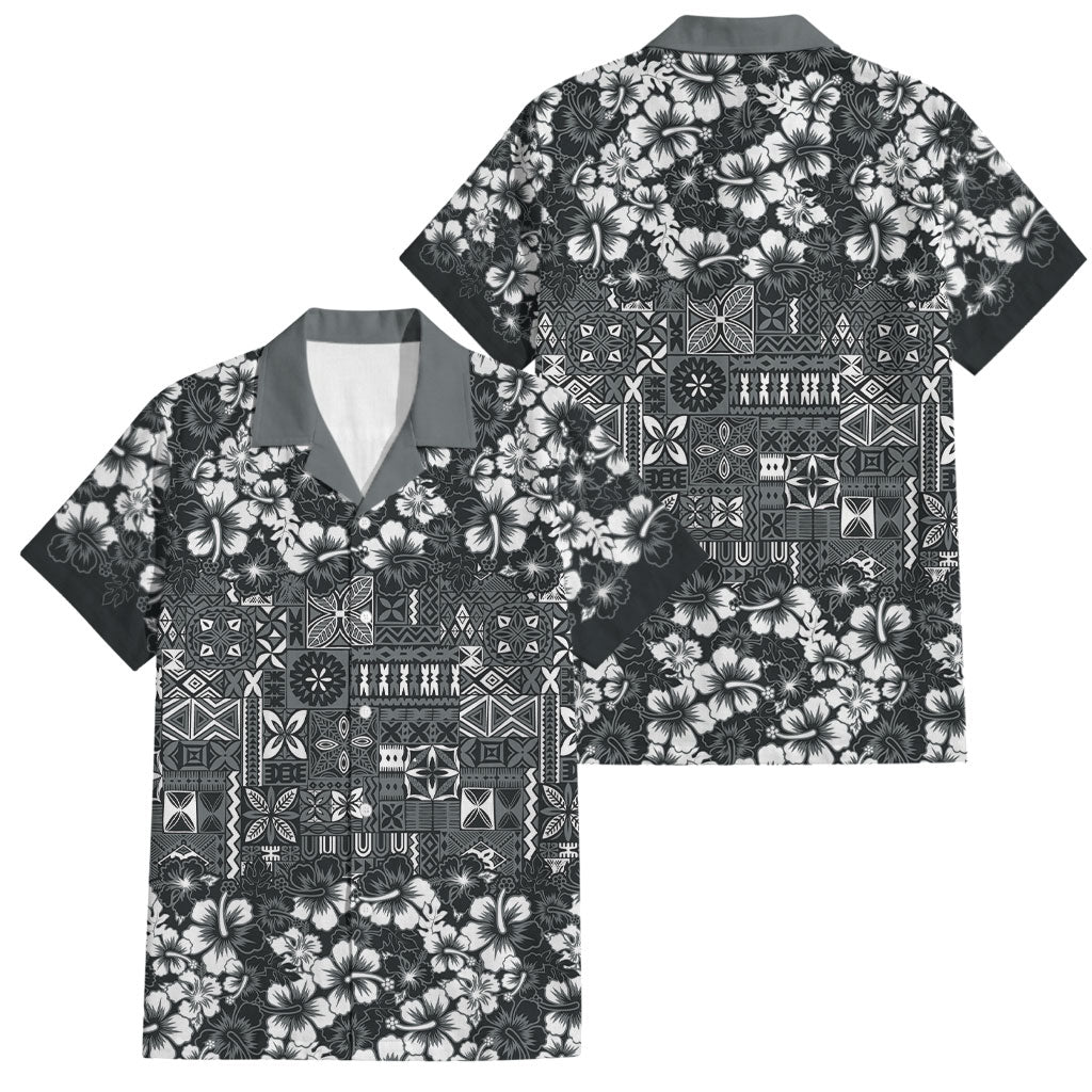Black Hawaiian Tapa Tribal Hibiscus Family Matching Off Shoulder Short Dress and Hawaiian Shirt