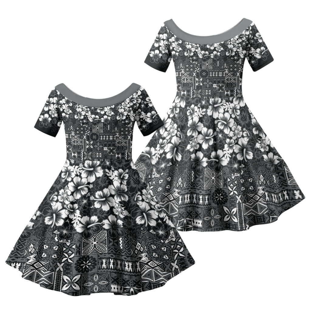 Black Hawaiian Tapa Tribal Hibiscus Family Matching Puletasi and Hawaiian Shirt LT9 Daughter's Dress Black - Polynesian Pride