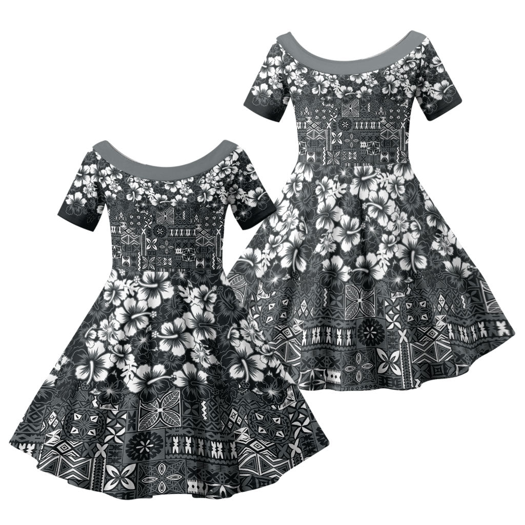 Black Hawaiian Tapa Tribal Hibiscus Family Matching Summer Maxi Dress and Hawaiian Shirt