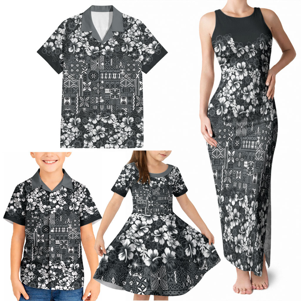 Black Hawaiian Tapa Tribal Hibiscus Family Matching Tank Maxi Dress and Hawaiian Shirt