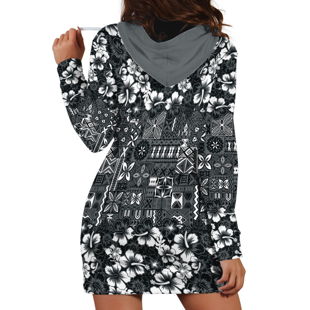 Black Hawaiian Tapa Tribal Hibiscus Hoodie Dress