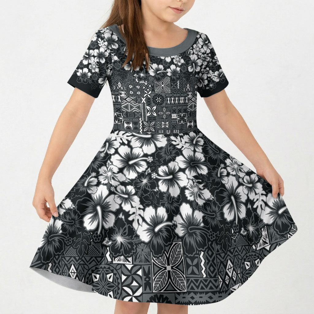 Black Hawaiian Tapa Tribal Hibiscus Kid Short Sleeve Dress