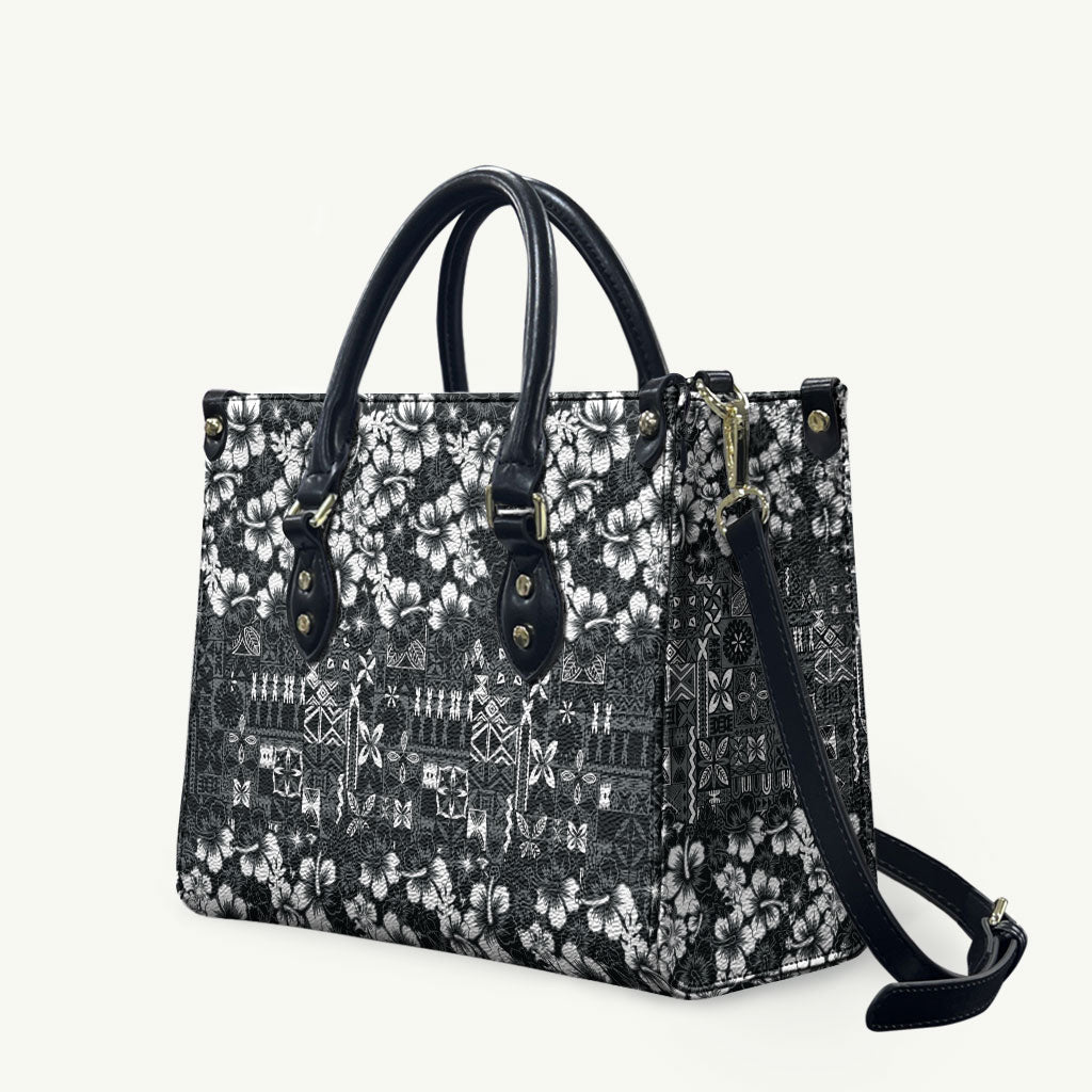 Black Hawaiian Tapa Tribal Hibiscus Leather Bag LT9 Black - Polynesian Pride