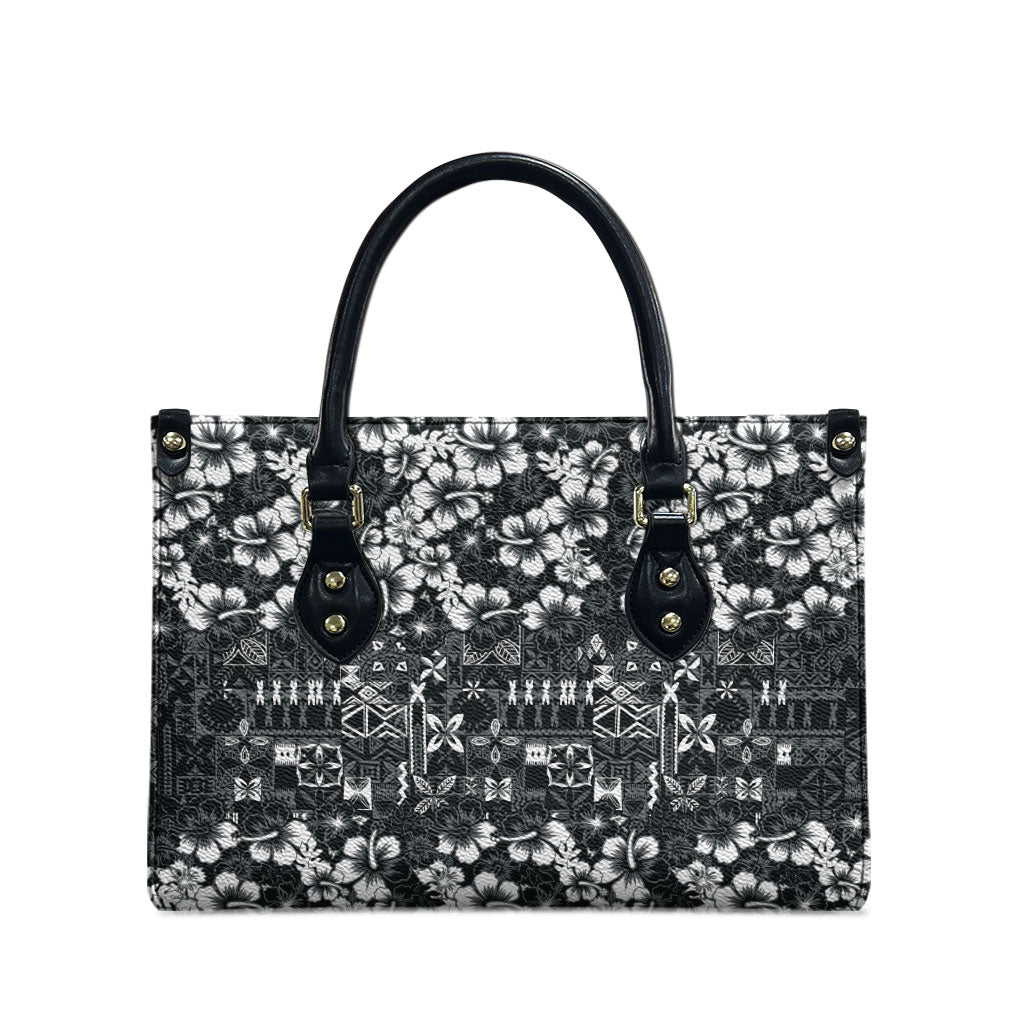 Black Hawaiian Tapa Tribal Hibiscus Leather Bag LT9 - Polynesian Pride