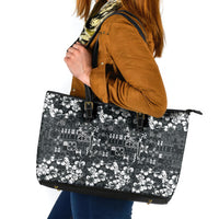 Black Hawaiian Tapa Tribal Hibiscus Leather Tote Bag