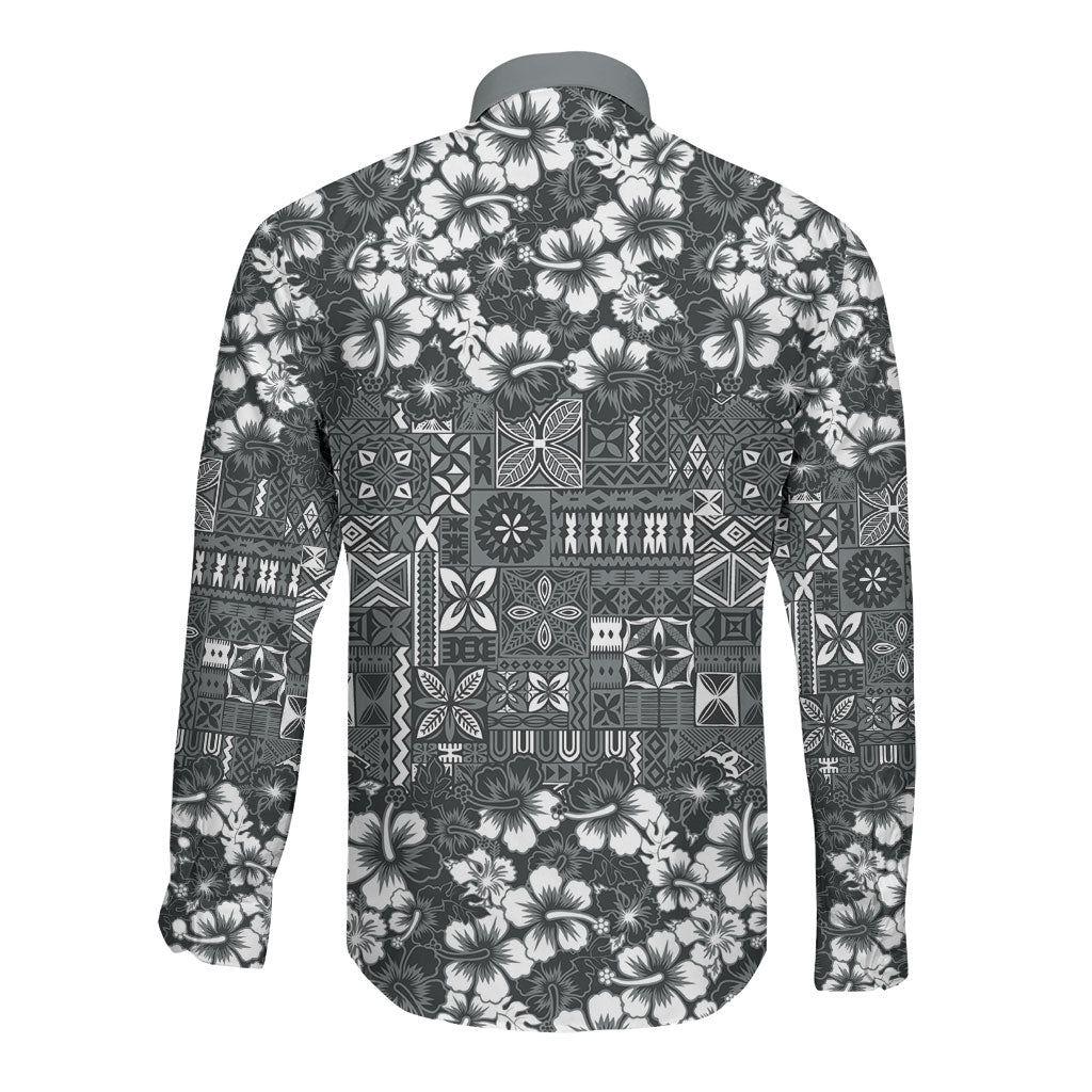 Black Hawaiian Tapa Tribal Hibiscus Long Sleeve Button Shirt