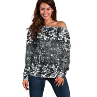 Black Hawaiian Tapa Tribal Hibiscus Off Shoulder Sweater LT9 Women Black - Polynesian Pride