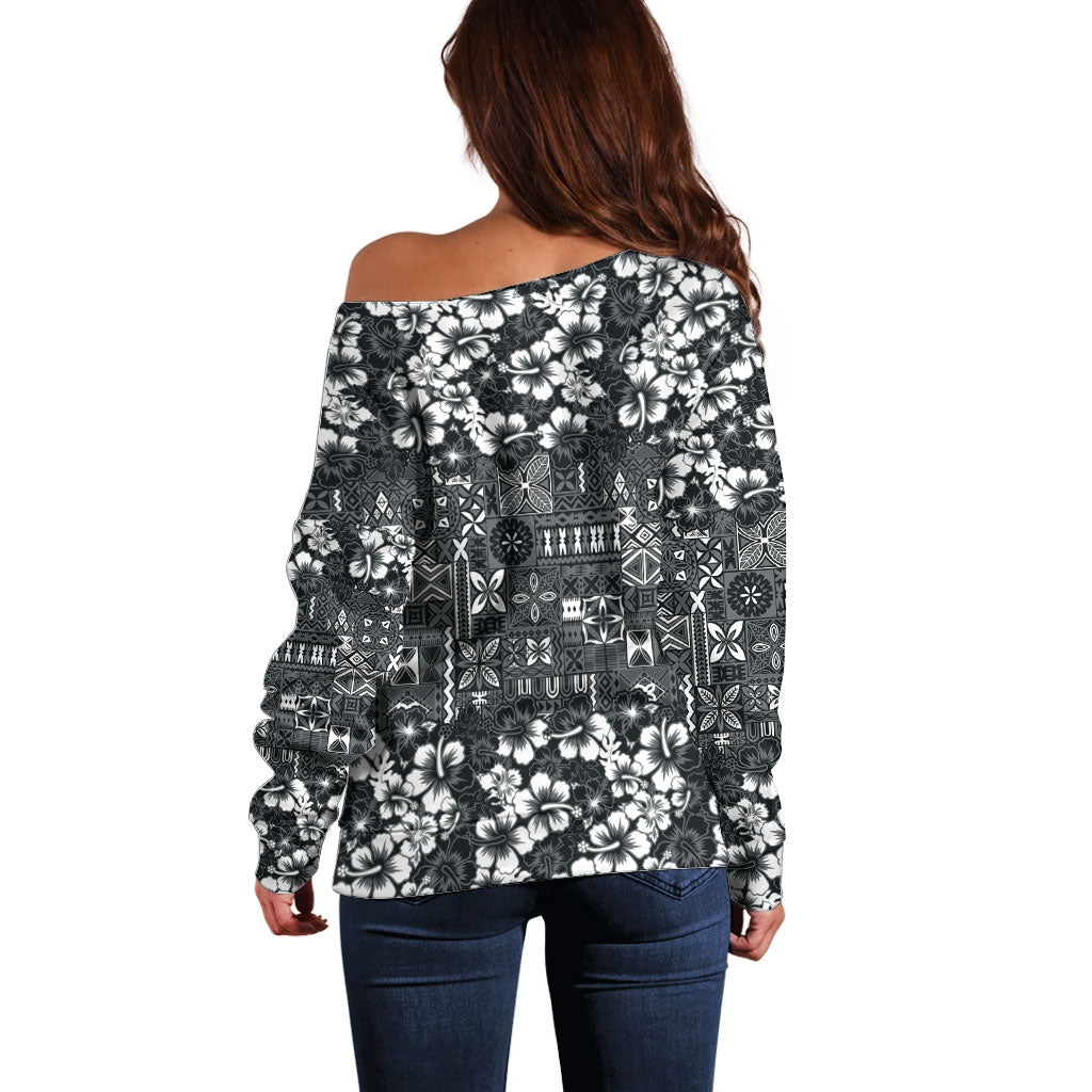 Black Hawaiian Tapa Tribal Hibiscus Off Shoulder Sweater LT9 - Polynesian Pride