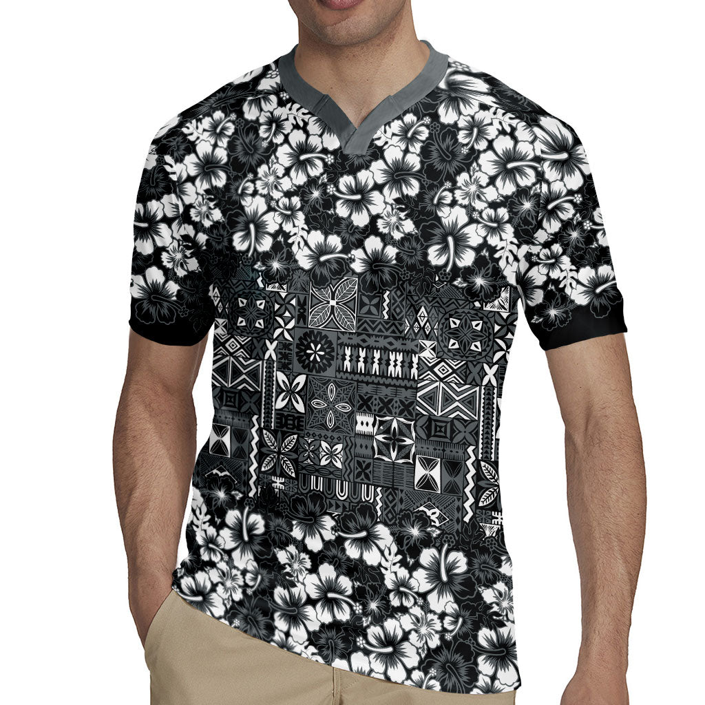 Black Hawaiian Tapa Tribal Hibiscus Rugby Jersey LT9 - Polynesian Pride