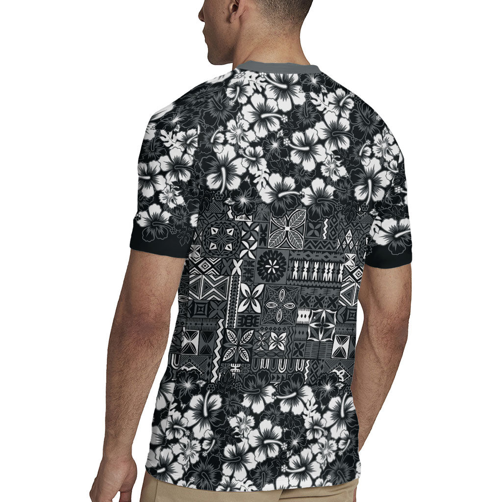 Black Hawaiian Tapa Tribal Hibiscus Rugby Jersey LT9 - Polynesian Pride