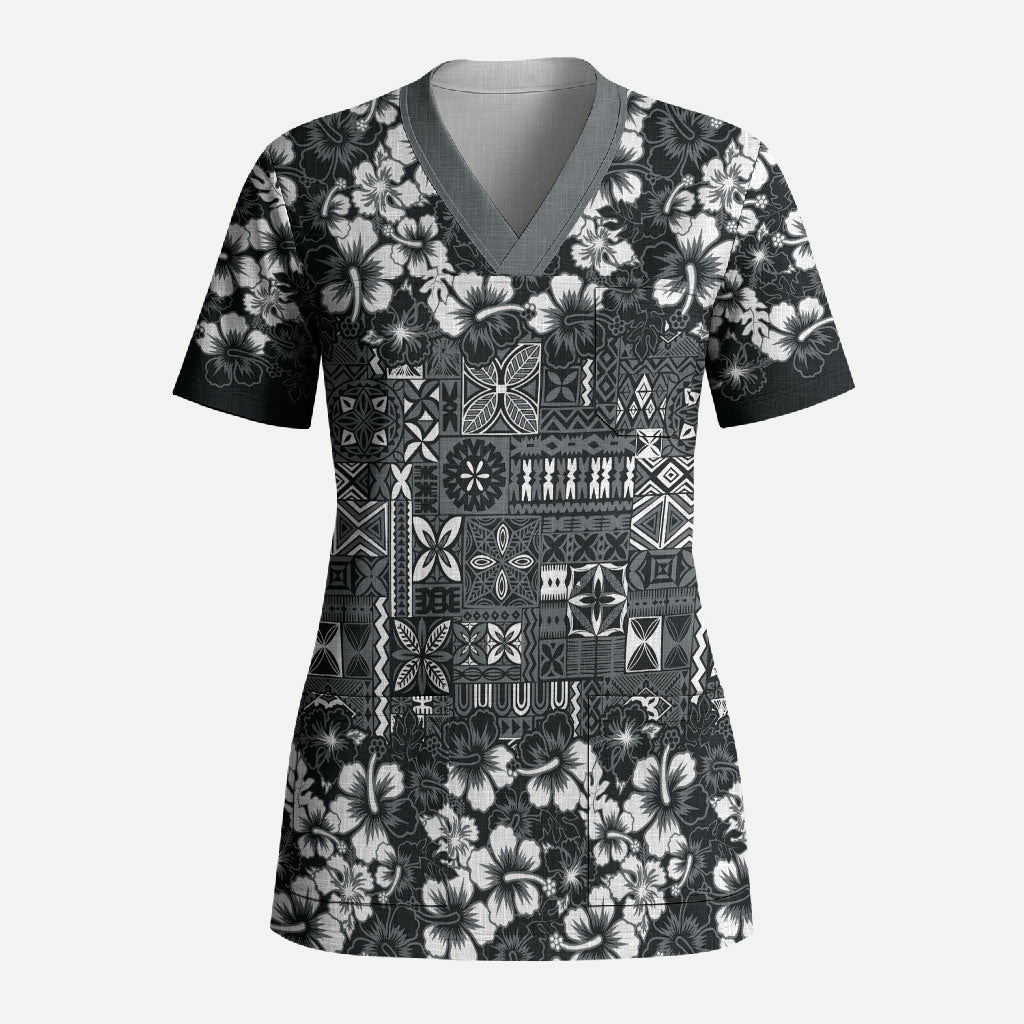 Black Hawaiian Tapa Tribal Hibiscus Scrub Top LT9 Adult Black - Polynesian Pride