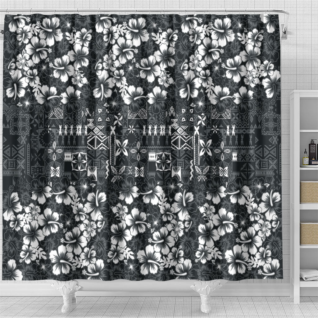 Black Hawaiian Tapa Tribal Hibiscus Shower Curtain LT9 - Polynesian Pride