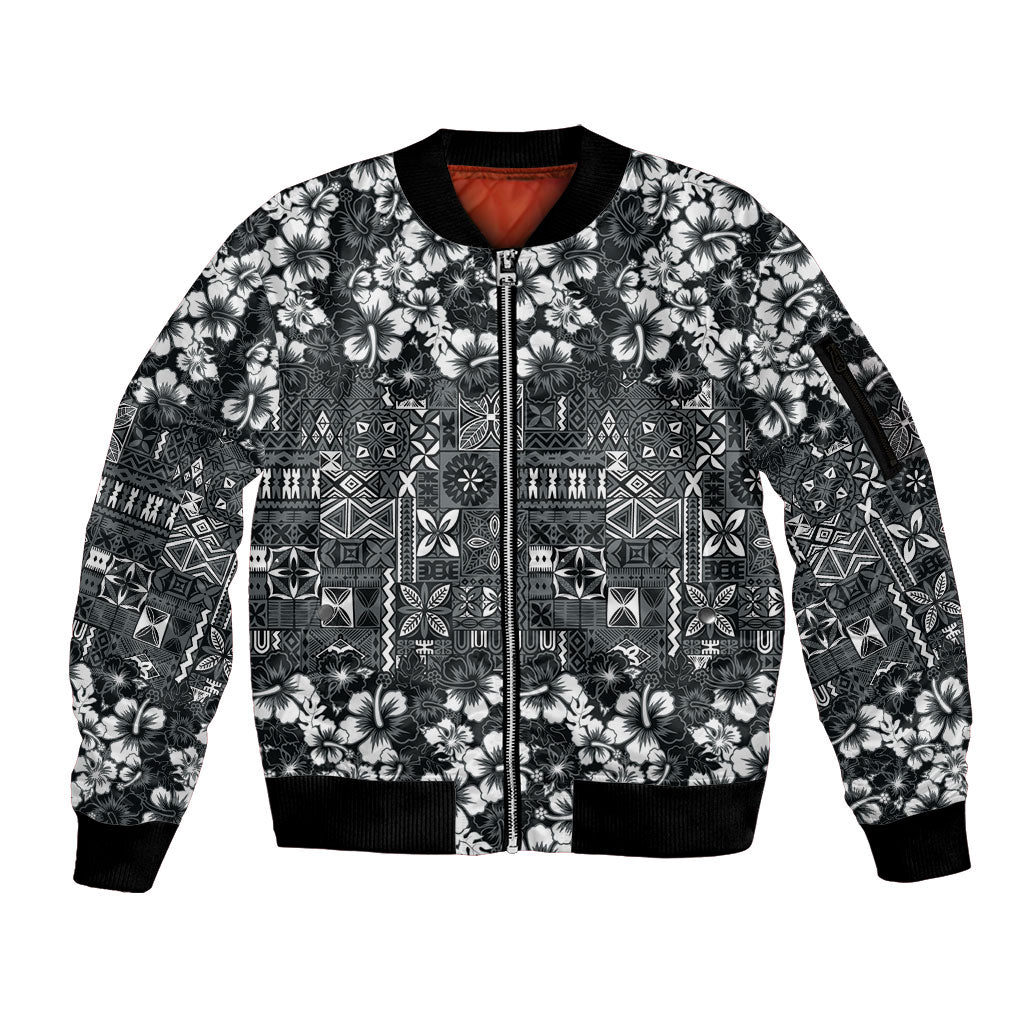 Black Hawaiian Tapa Tribal Hibiscus Sleeve Zip Bomber Jacket LT9 Unisex Black - Polynesian Pride