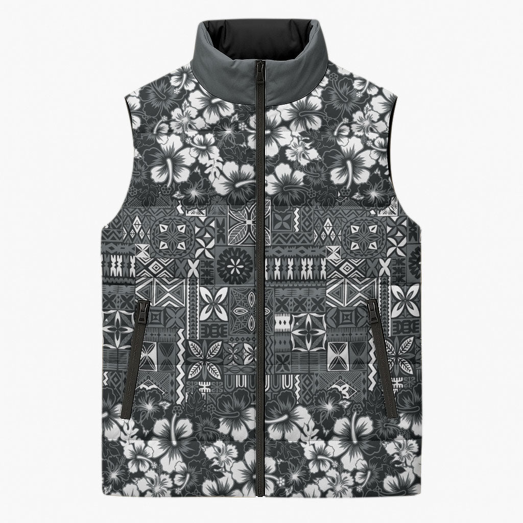Black Hawaiian Tapa Tribal Hibiscus Sleeveless Puffer Jacket LT9 Unisex Black - Polynesian Pride