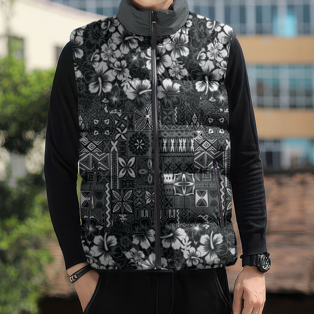 Black Hawaiian Tapa Tribal Hibiscus Sleeveless Puffer Jacket LT9 - Polynesian Pride