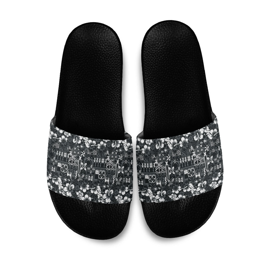 Black Hawaiian Tapa Tribal Hibiscus Slide Sandals LT9 Black - Polynesian Pride