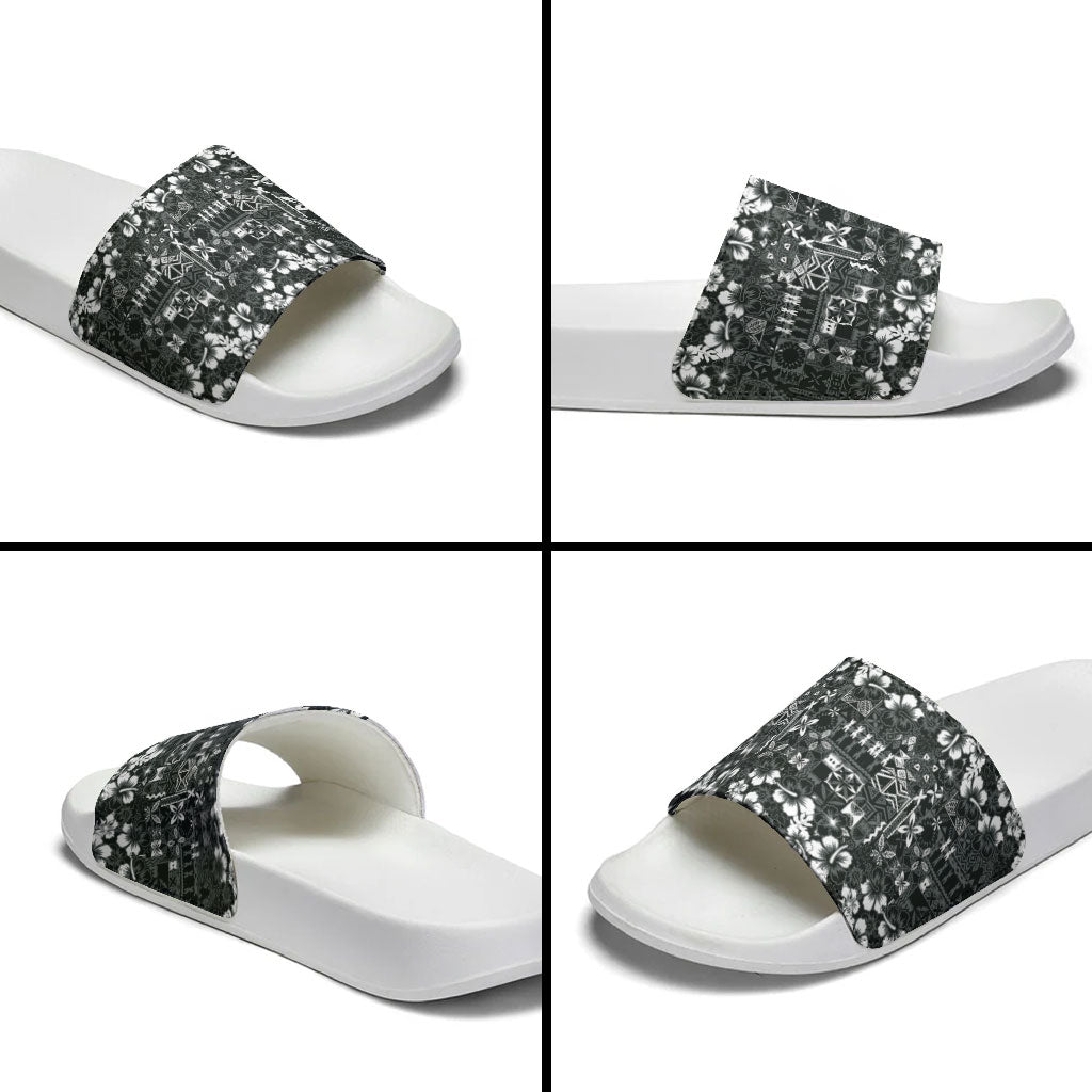 Black Hawaiian Tapa Tribal Hibiscus Slide Sandals LT9 - Polynesian Pride