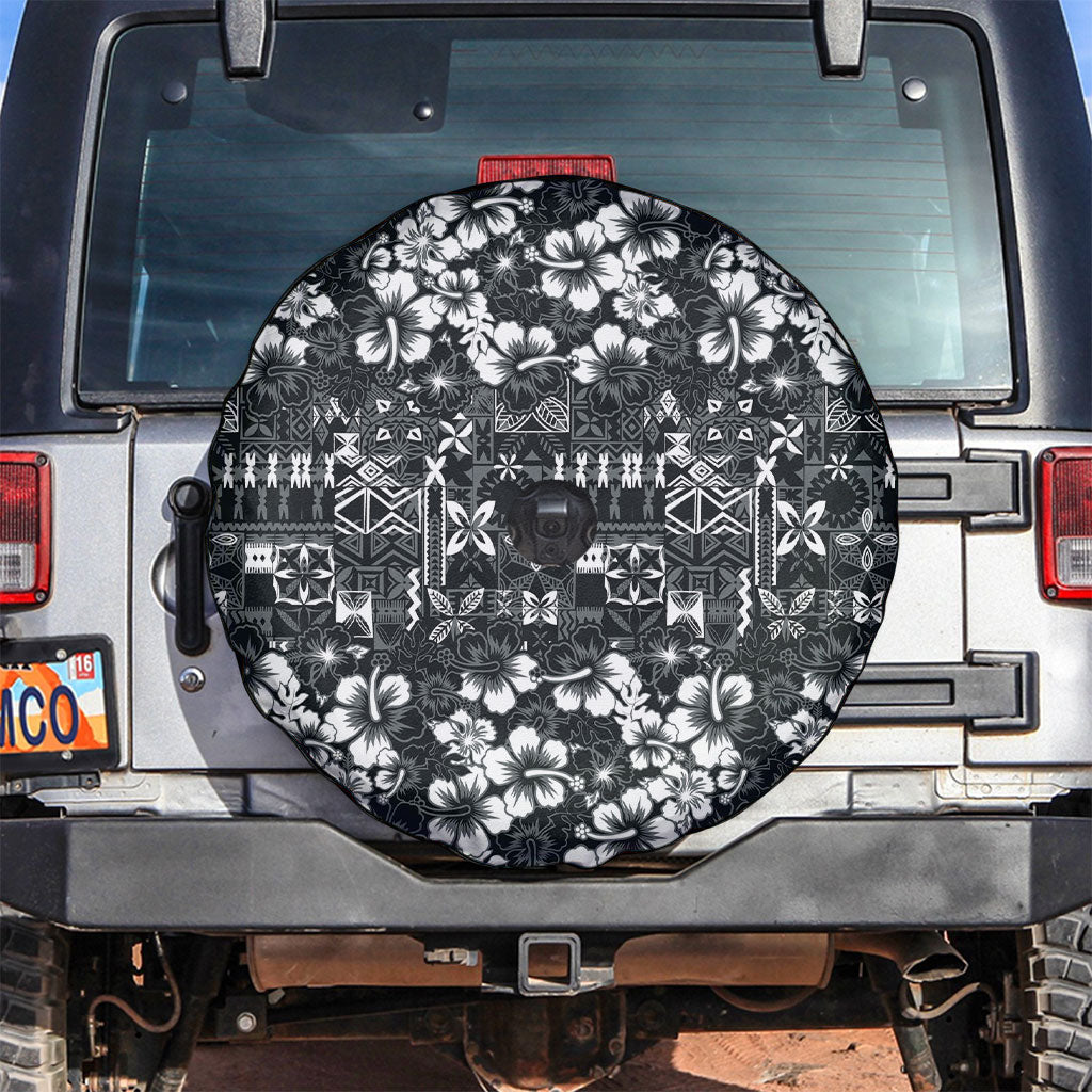 Black Hawaiian Tapa Tribal Hibiscus Spare Tire Cover LT9 Black - Polynesian Pride