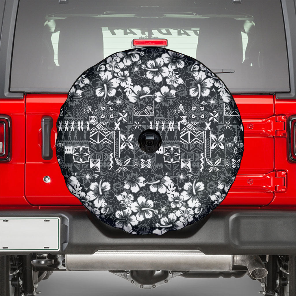 Black Hawaiian Tapa Tribal Hibiscus Spare Tire Cover LT9 - Polynesian Pride