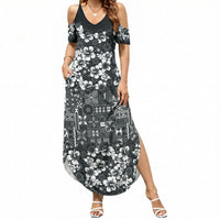 Black Hawaiian Tapa Tribal Hibiscus Summer Maxi Dress