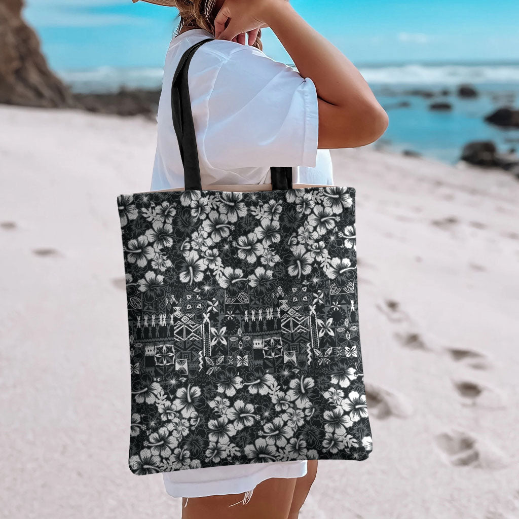 Black Hawaiian Tapa Tribal Hibiscus Tote Bag LT9 - Polynesian Pride