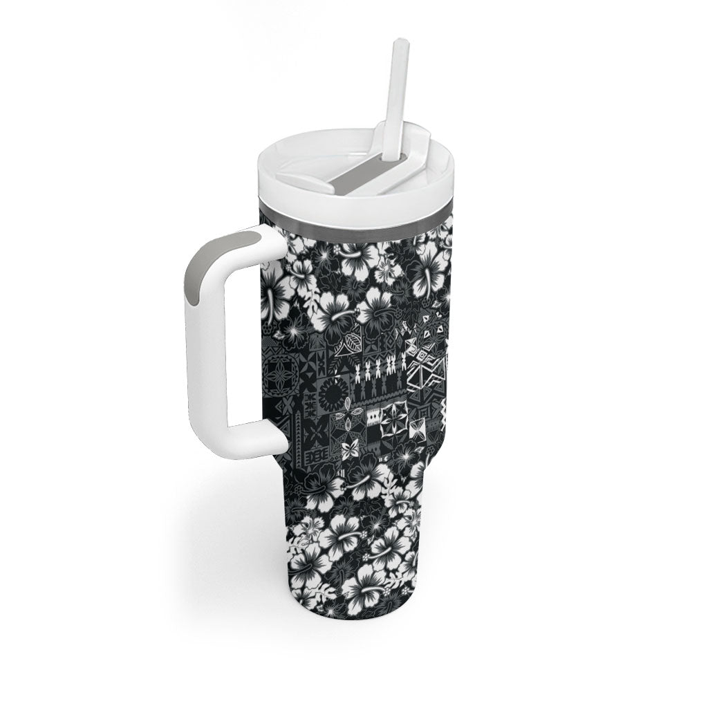 Black Hawaiian Tapa Tribal Hibiscus Tumbler With Handle LT9 - Polynesian Pride