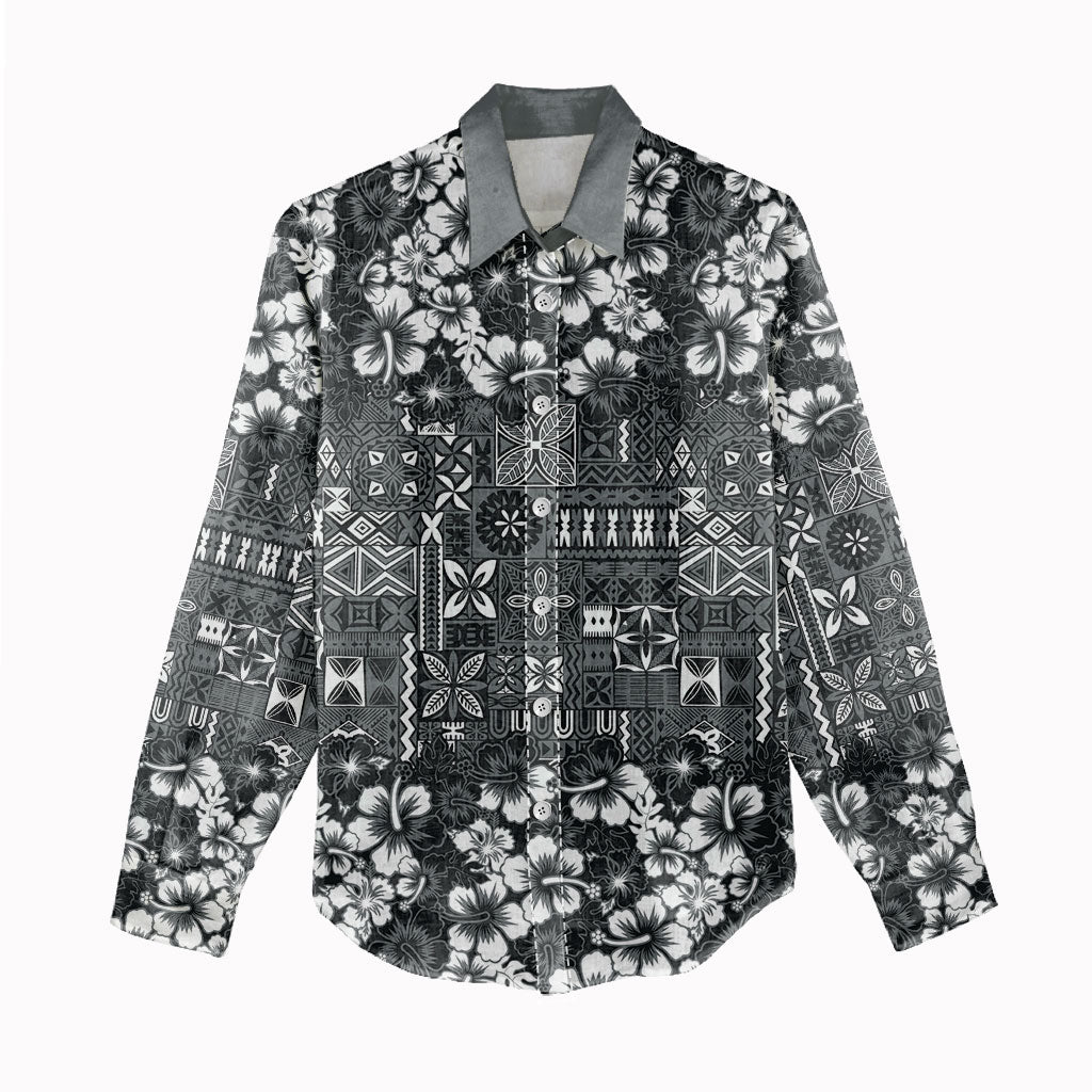 Black Hawaiian Tapa Tribal Hibiscus Women Casual Shirt
