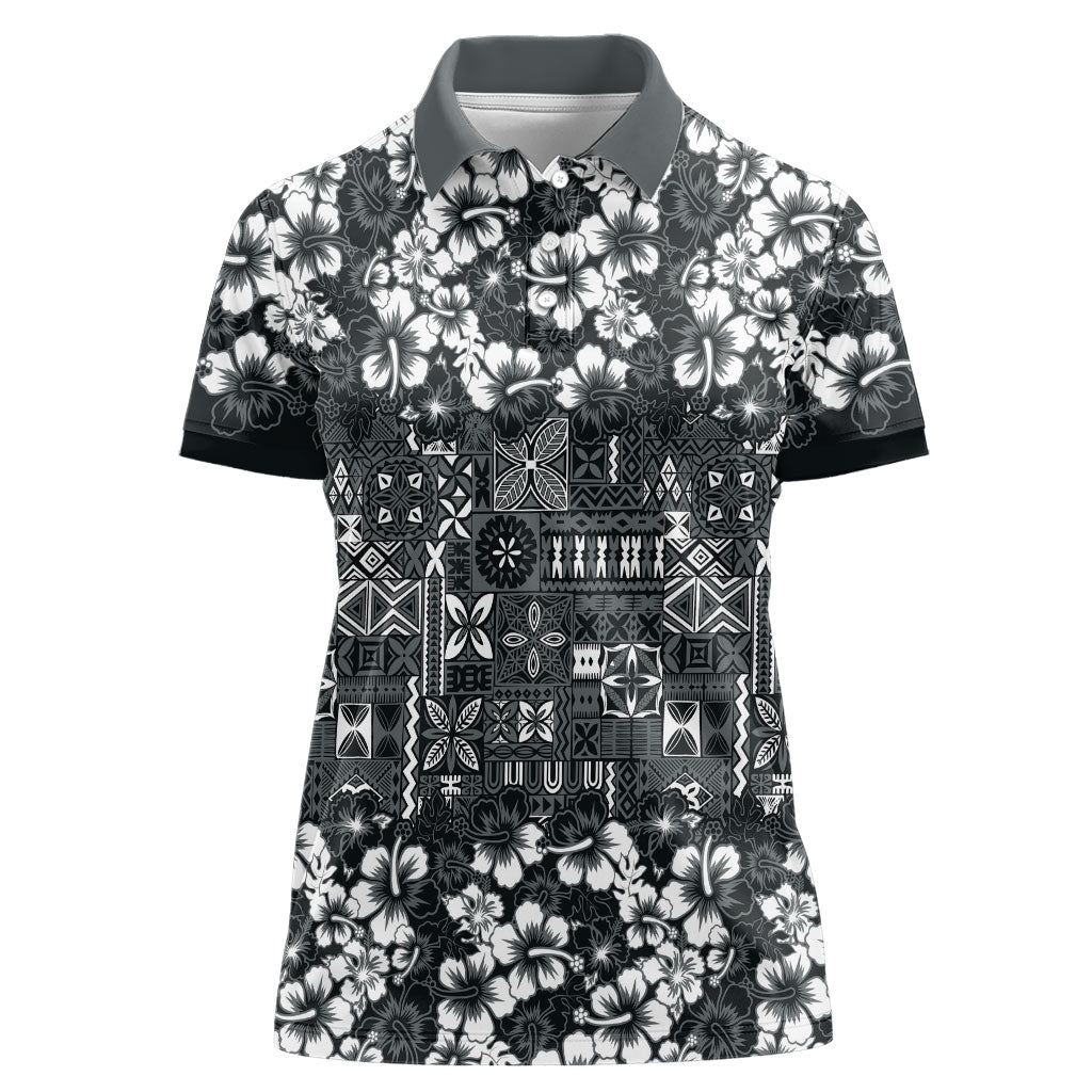 Black Hawaiian Tapa Tribal Hibiscus Women Polo Shirt