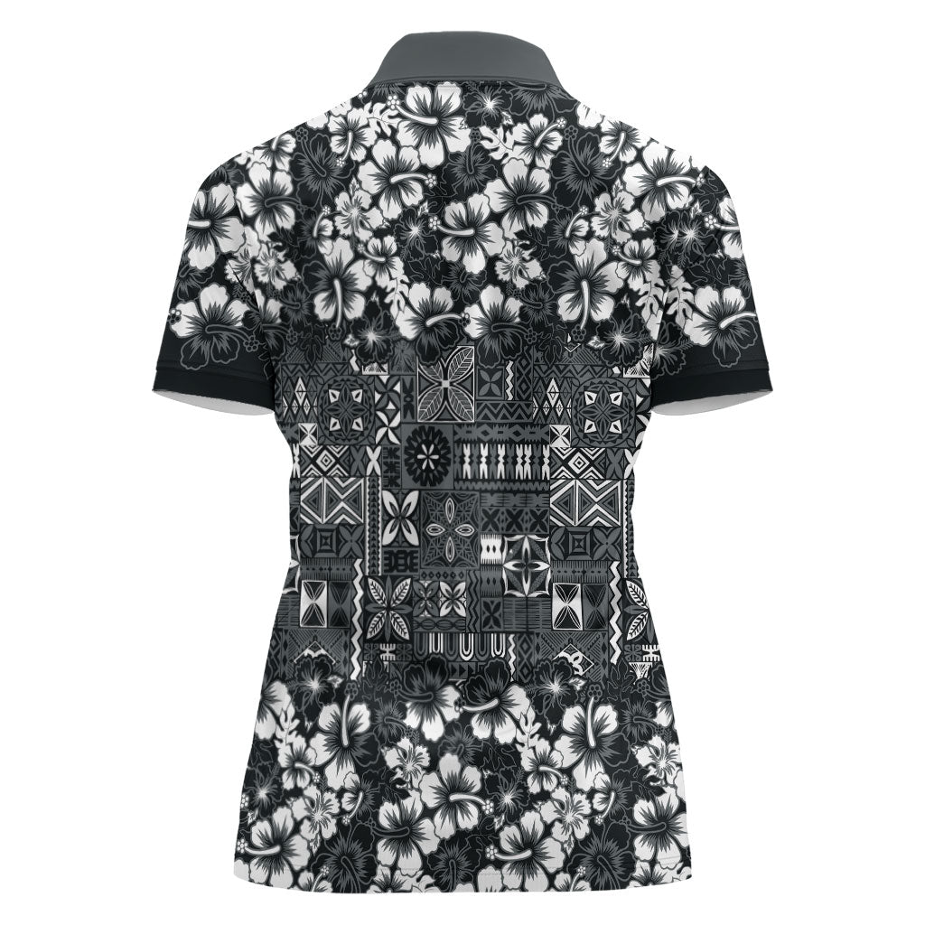 Black Hawaiian Tapa Tribal Hibiscus Women Polo Shirt