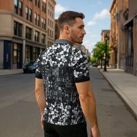Black Hawaiian Tapa Tribal Hibiscus Zipper Polo Shirt