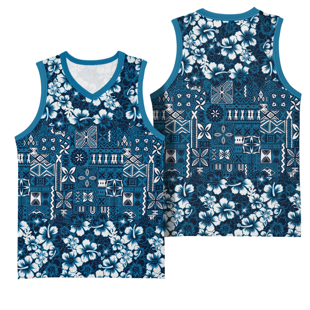 Blue Hawaiian Tapa Tribal Hibiscus Basketball Jersey LT9 - Polynesian Pride